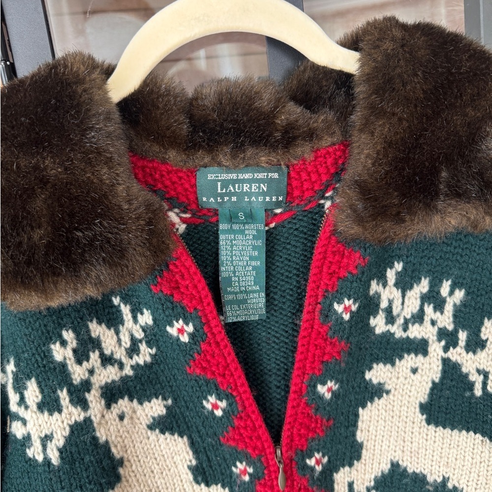 Vintage Ralph Lauren Hand Knit Wool Fur Collar Reindeer Christmas Sweater zipup - Picture 2 of 14